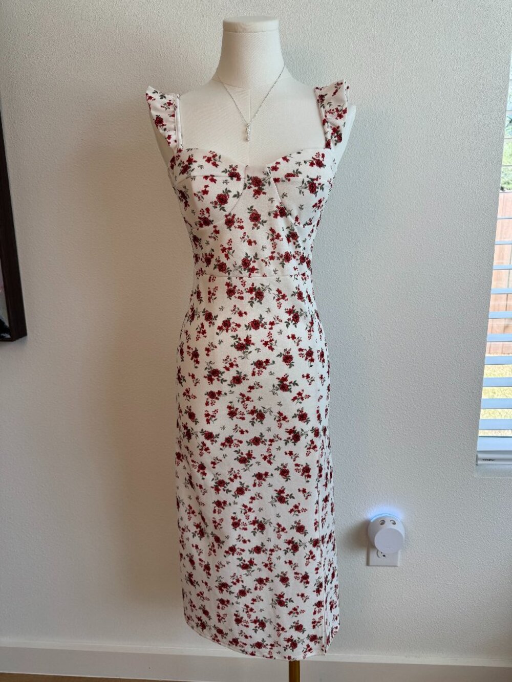 Cream and Red Floral Ruffle Strap Bodycon Midi Dress